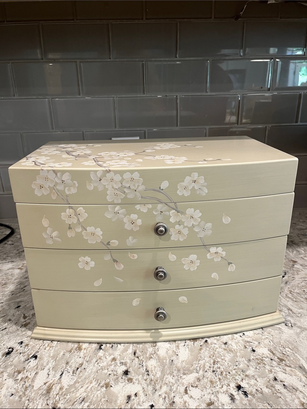 Vintage BOMBAY Cream Hand Painted Floral Wooden Jewelry Box